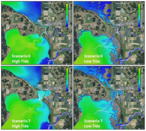 Comparing high tide and low tide results between the Baseline and Full Restoration scenario