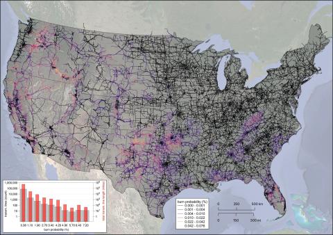 U.S. map showcasing average burn probability along each voltage transmission line