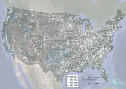 U.S. map showcasing standard deviation of burn probability along each voltage transmission line