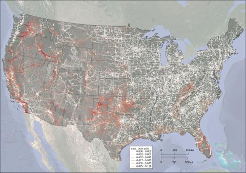 maximum burn probability along each voltage transmission line