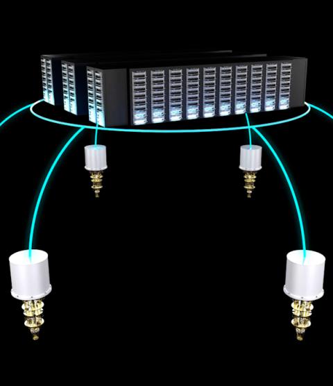 Illustration of a high-performance computer connected to a series of individual quantum computers 