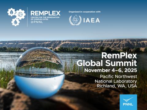 A glass ball reflects the Columbia River in this image representing the RemPlex-IAEA partnership for the 2025 Global Summit.
