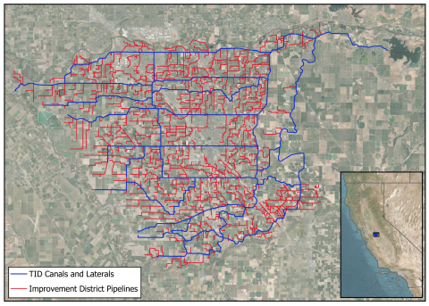 TID canals and laterals (blue) and improvement district pipelines (red) that are owned by growers. TID serves as trustee for the improvement district pipelines.