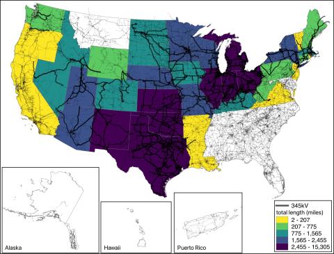 U.S. map with states colored to indicate transmission voltages of 345 kV by state