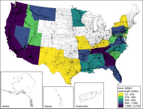 U.S. map with states colored to indicate transmission voltages of 500 kV by state