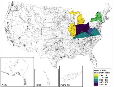 U.S. map with states colored to indicate transmission voltages greater than or equal to 735kV by state