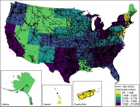 U.S. map with states colored to indicate transmission voltages between 100-161kV by state