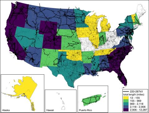 U.S. map with states colored to indicate transmission voltages between 220-287kV by state
