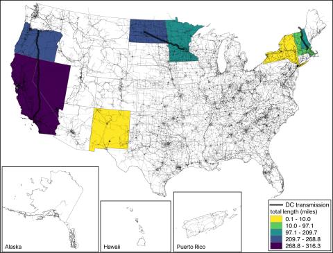 Map of the U.S. with select states colored reflecting direct current transmissions by state. All transmission lines are shown as faint gray lines, with the DC lines bolded. 