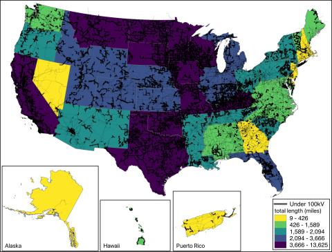 U.S map with states colored to indicate transmission voltages under 100kV by state