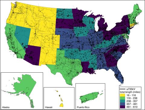 U.S. map with states colored to indicate where the transmission lines do not have a voltage identified to them. 
