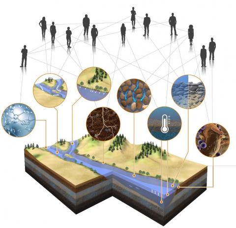 Illustration of researchers and watershed components (soil, rhizosphere, subsurface, etc) connected to a computer-generated image of a watershed