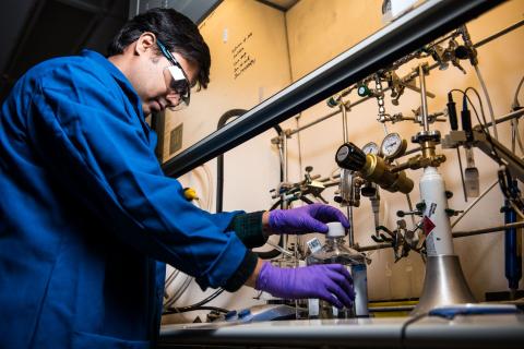 A researcher conducts catalysis research in the Physical Sciences Laboratory