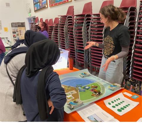 researchers showing students diagrams and images at table about seaweed aquaculture
