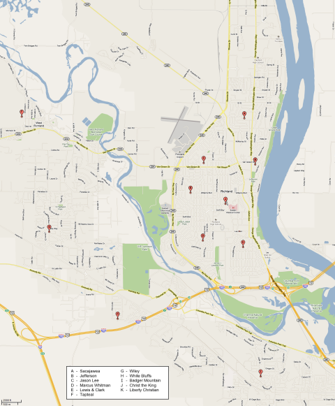 a map with points indicating the locations of elementary schools in Richland