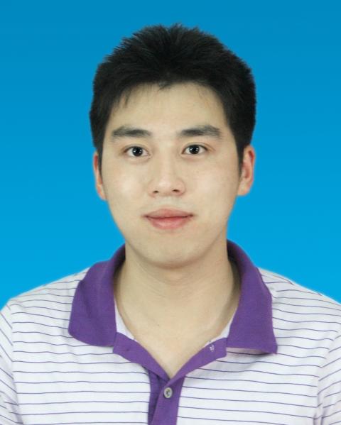 portrait photograph of Hao Wang in a purple striped polo shirt with a blue background