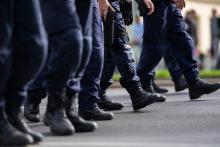 Detail legs of police during training or protest