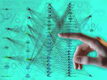 A finger points to a digital artificial intelligence network depiction.