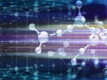 Artist's render of computational chemistry, showing orbs connected to each other