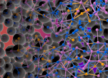Multicolored image with stick and ball molecule representations surrounded by black spheres