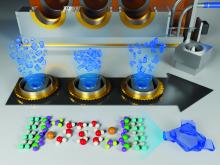 Illustration showing blue boehmite particles aggregating, with a "zoomed in" view showing ion interactions