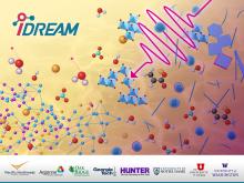 This scientific illustration represents the research being done in the IDREAM Energy Frontier Research Center. IDREAM stands for Ion Dynamics in Radioactive Environments and Materials. The image includes logos of the partner institutions.