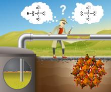 Illustration of a woman examining a pipe with a magnifying glass, thinking of two chemical structures