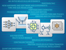 Digital icons on a cyber-themed background, representing computational chemistry workflow