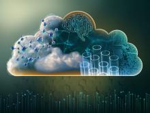 A cloud image that also includes molecules and test tubes