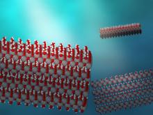 This scientific illustration shows red, white, and gray particles connected in rectangular clusters on a blue background representing liquid.