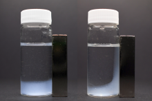 Two side by side photographs of vials with nearby magnets, showing the difference in magnetic attraction for different solids