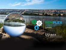 The RemPlex and IAEA logos are on this photo of the Columbia River to illustrate the partnership in environmental remediation education.