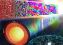 Composite image that has bright colors, an AI brain signal, and other data.