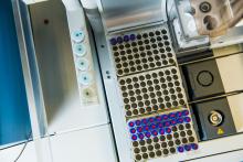 overhead view looking down on rows of tiny sample vials with blue lids and red centers
