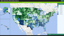 A map of the United States depecting electricity affordability metrics by county..