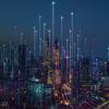 Cityscape with illuminated beams emerging from the surface