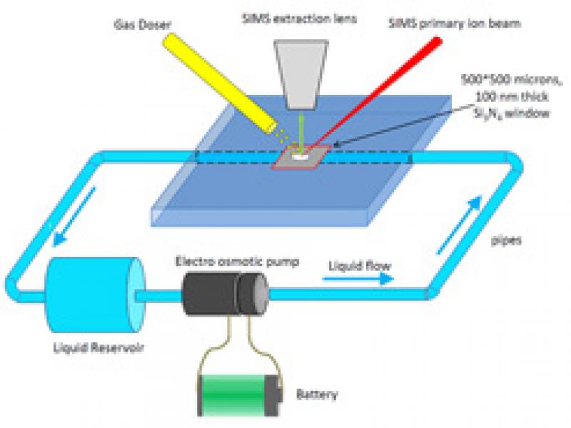 Schematic Illustration of a vacuum compatible liquid Secondary Ion Mass Spectrometer (SIMS) probe, which can also be used for other types of vacuum-based analyses, such as scanning electron microscopy (SEM) and others.