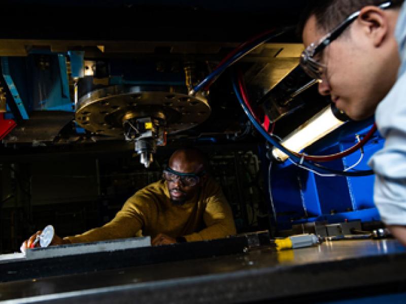 A Friction Stir Welding machine at PNNL completely encapsulates the interlocking joint.
