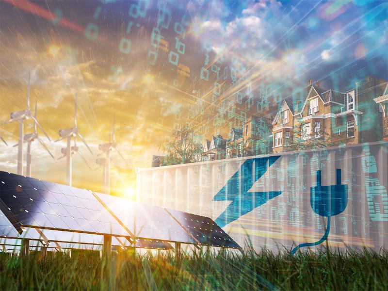 an illustration with solar panels, buildings and images to represent energy