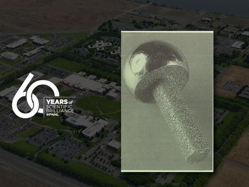 archival black and white photo of a prosthetic attachment pin with a porous surface texture overlaid with the PNNL logo on an aerial view of the PNNL campus