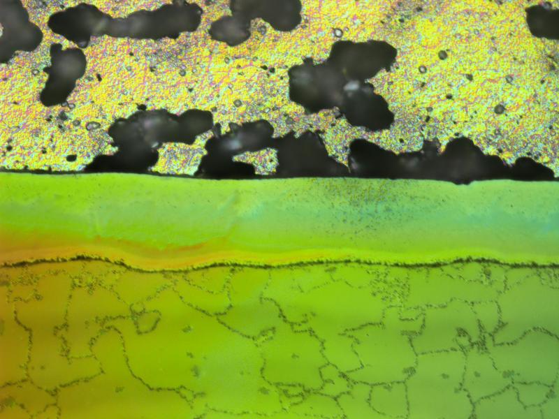 This cross-section of an irradiated fuel plate shows uranium-molybdenum metal grains beneath aluminum cladding material and a layer of zirconium.