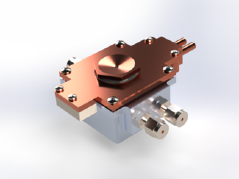 CAD-rendered image of the Atmospheric Pressure Environmental (APE) Chamber for environmental SEM imaging, showing LN2-cooling lines (copper) and atmospheric gas lines (steel fittings)