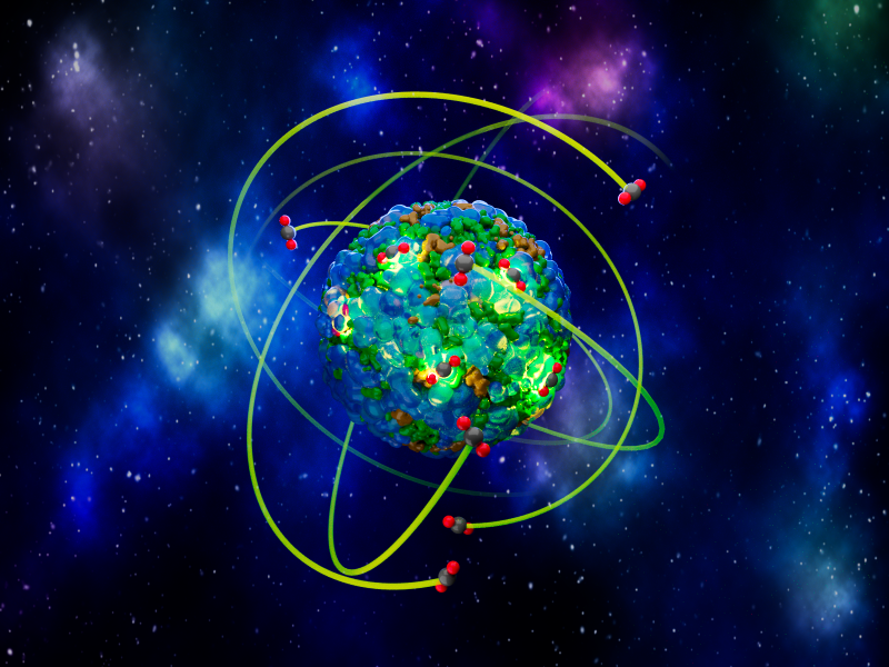 Abstract illustration of carbon dioxide molecules zooming around a blobby circle on a space-themed background