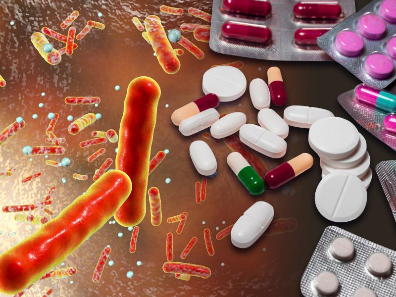 Illustration showing microbes and medicines