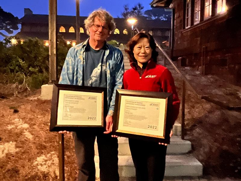 Reid Hart and Bing Liu pose with their ACEEE awards. (Photo contributed by Bing Liu | Pacific Northwest National Laboratory)