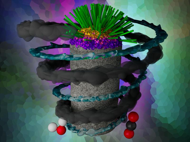 Illustration of a core of rock surrounded by swirls of gas, liquid, and molecules showing the process of carbonate mineralization