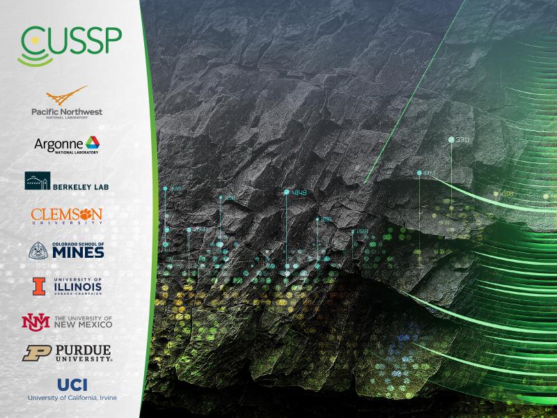 Graphic with Center for Understanding Subsurface Signals and Permeability (CUSSP) partner logos on the left and a generated image with data overlaid on a rock surface on the left