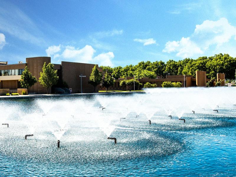a collection of fountains spraying water into the air in the center of a large reflecting pool with trees and brown stone buildings in the background