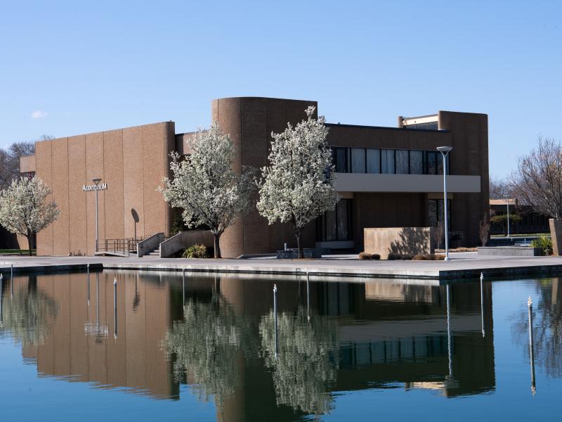 a brick building behind a large reflecting pool with white flowering trees