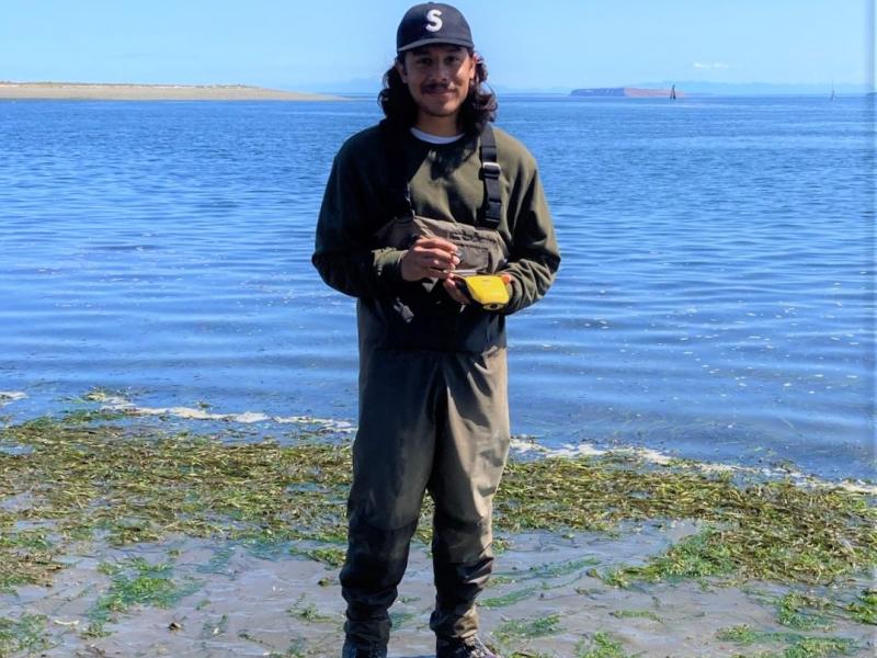 Researcher stands in a eelgrass bed at low tide